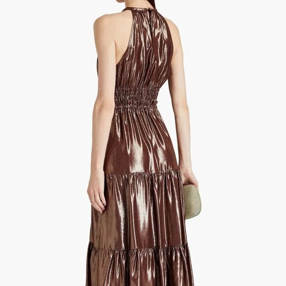 ALC Elara Tiered Silk Metallic Bitter Chocolate Maxi Dress - Picture 3 of 9